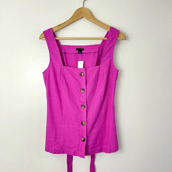 NWT Ann Taylor Linen Blend Belted Utility Top Sleeveless Tank Button Front Sz S - Picture 3 of 7
